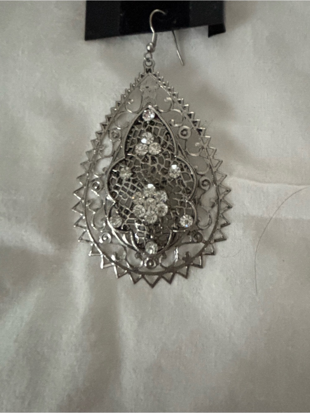 Silver Crystal Filigree Teardrop Dangle Earrings - Picture 3 of 3